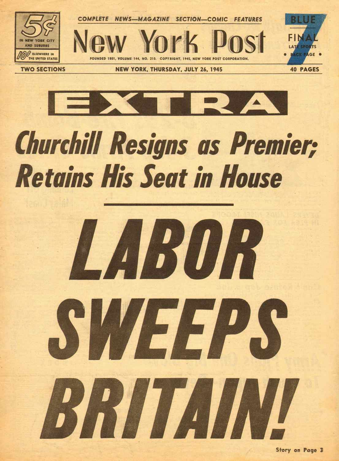 New York Post front page on Labour's 1945 election win | Image: John Frost Newspapers / Alamy Stock Photo